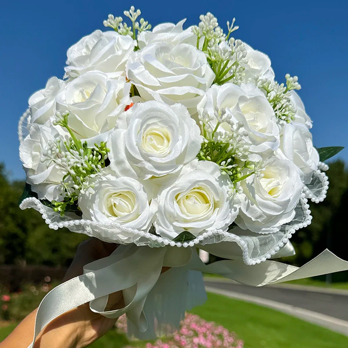 Rose & Baby's Breath Bouquet with Pearl Lace Ribbon - Luzilly Bridal & Apparel