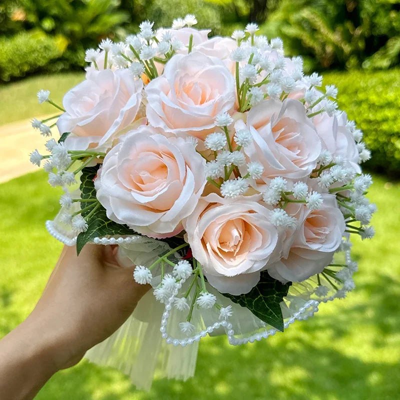 Rose & Baby's Breath Bouquet with Pearl Lace Ribbon - Luzilly Bridal & Apparel
