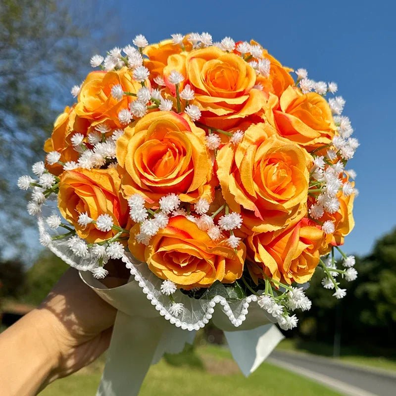 Rose & Baby's Breath Bouquet with Pearl Lace Ribbon - Luzilly Bridal & Apparel