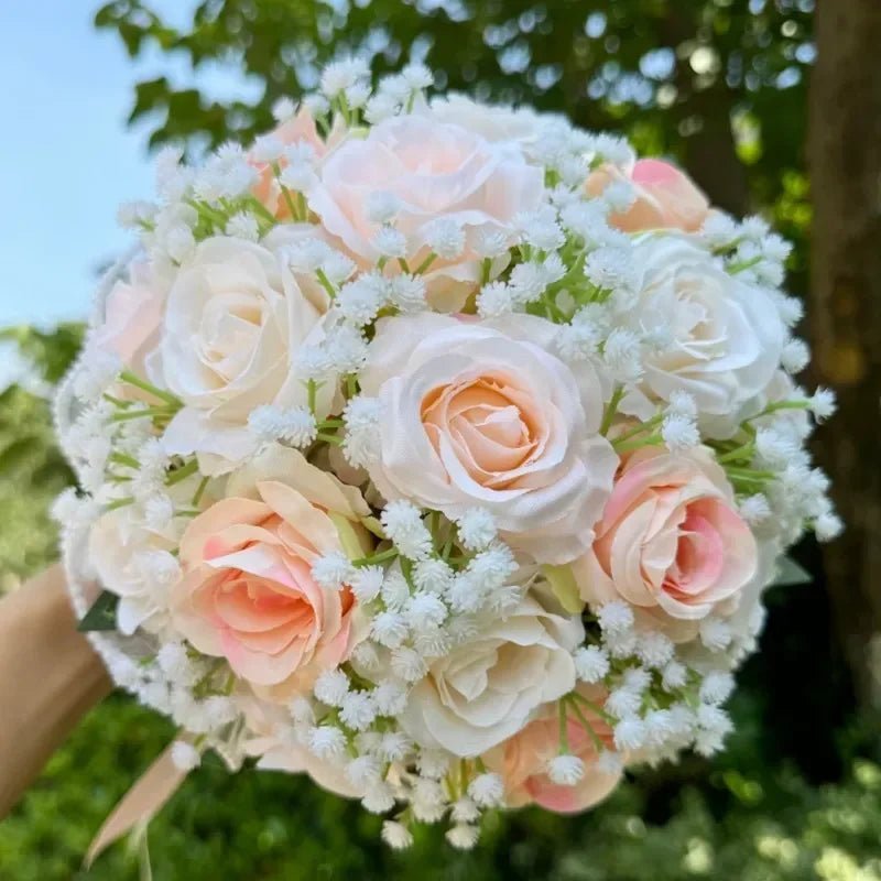 Rose & Baby's Breath Bouquet with Pearl Lace Ribbon - Luzilly Bridal & Apparel