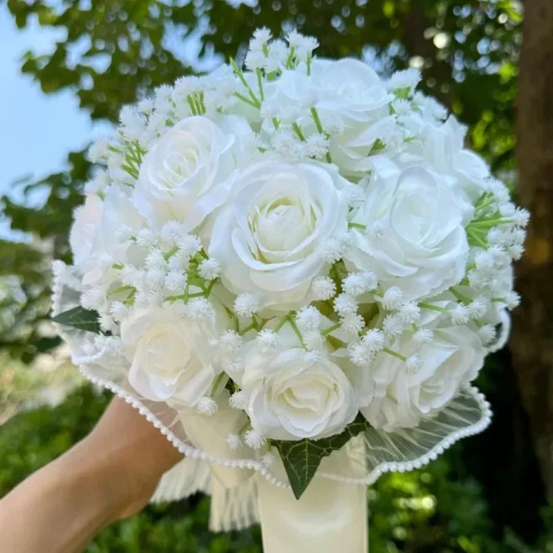 Rose & Baby's Breath Bouquet with Pearl Lace Ribbon - Luzilly Bridal & Apparel