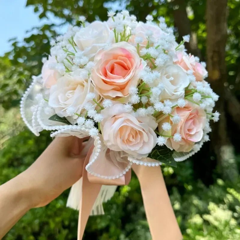 Rose & Baby's Breath Bouquet with Pearl Lace Ribbon - Luzilly Bridal & Apparel