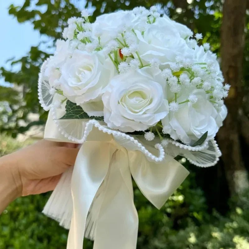 Rose & Baby's Breath Bouquet with Pearl Lace Ribbon - Luzilly Bridal & Apparel