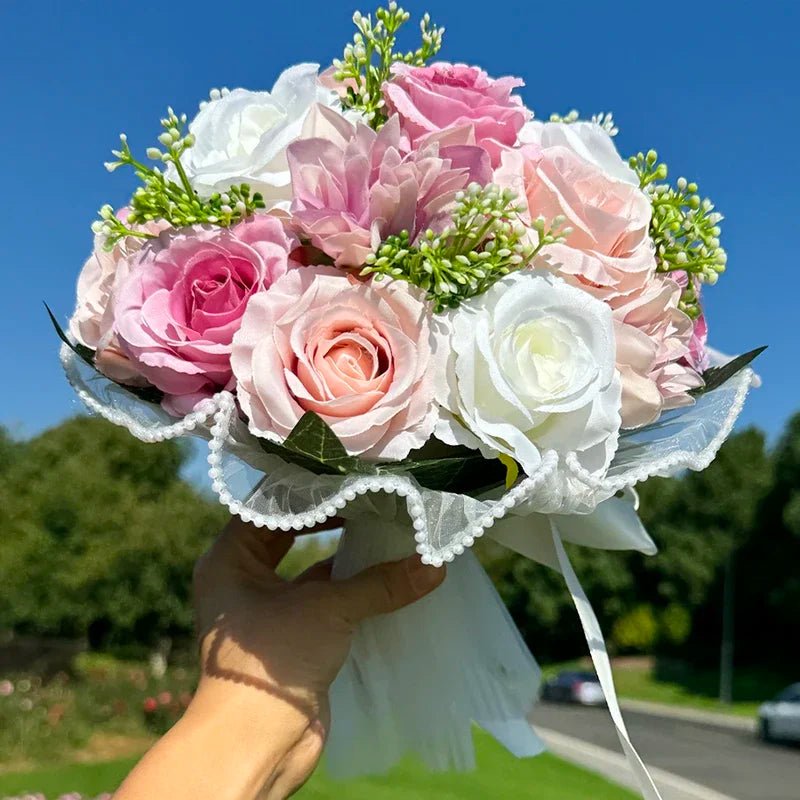 Rose & Baby's Breath Bouquet with Pearl Lace Ribbon - Luzilly Bridal & Apparel