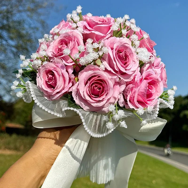 Rose & Baby's Breath Bouquet with Pearl Lace Ribbon - Luzilly Bridal & Apparel