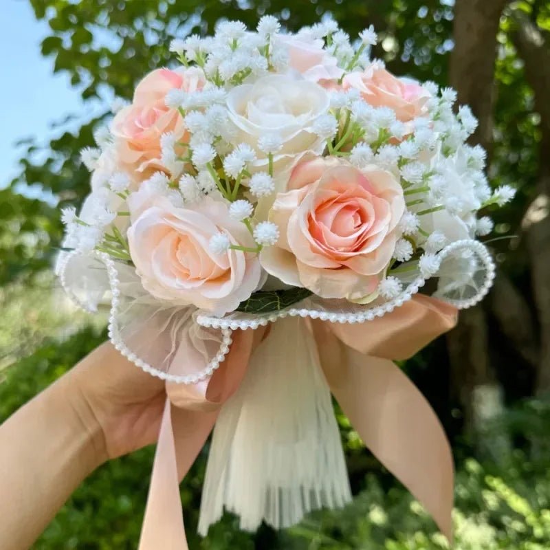 Rose & Baby's Breath Bouquet with Pearl Lace Ribbon - Luzilly Bridal & Apparel
