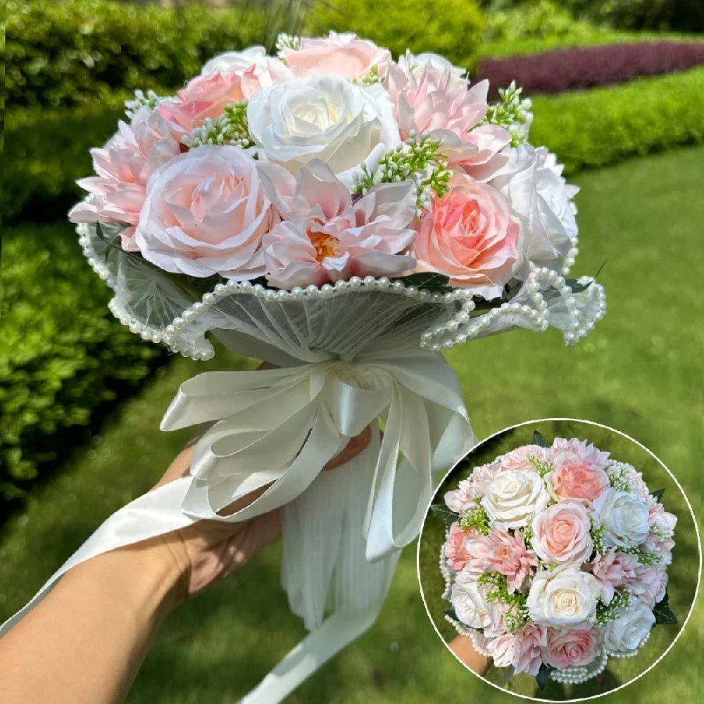 Rose & Baby's Breath Bouquet with Pearl Lace Ribbon - Luzilly Bridal & Apparel