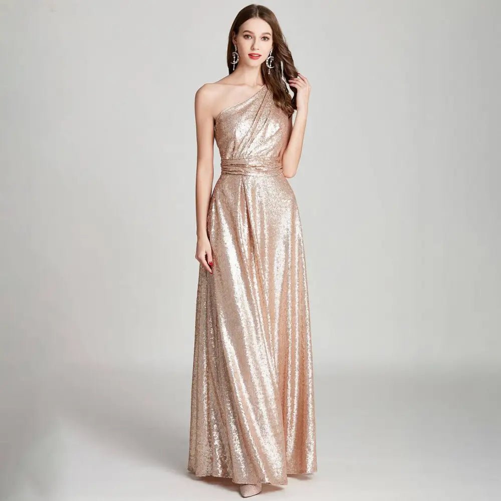Rose Gold Sequined One-Shoulder Bridesmaid Dress - Luzilly Bridal & Apparel