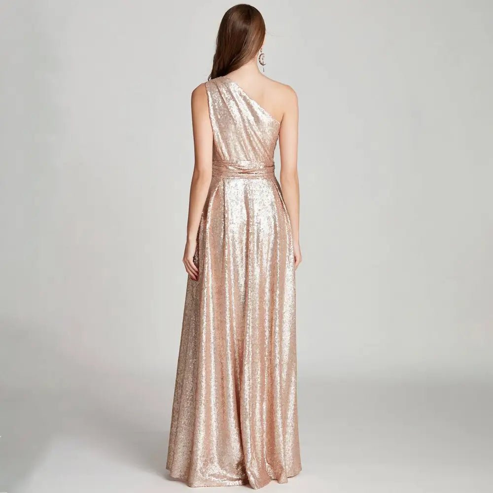 Rose Gold Sequined One-Shoulder Bridesmaid Dress - Luzilly Bridal & Apparel