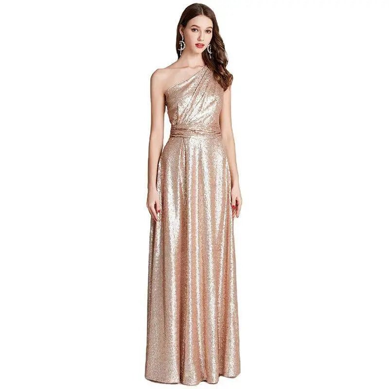 Rose Gold Sequined One-Shoulder Bridesmaid Dress - Luzilly Bridal & Apparel