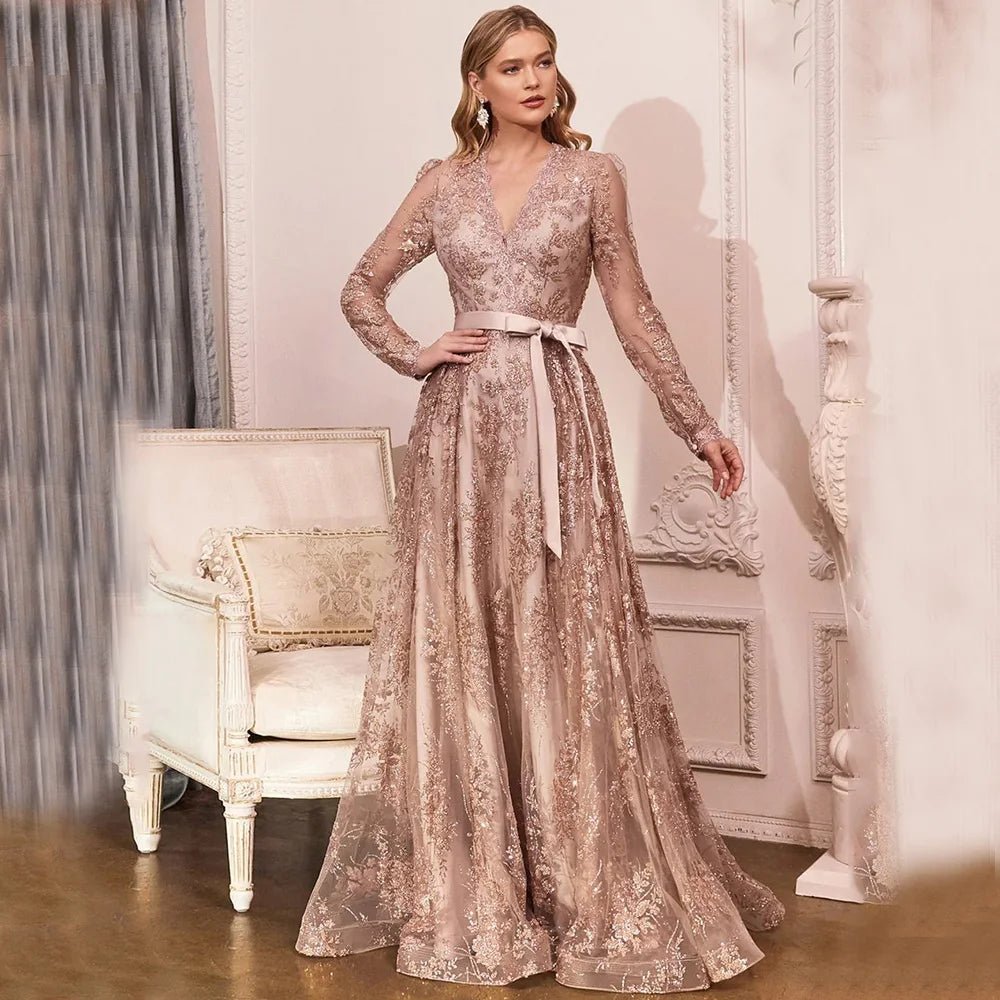 Rose Gold V-Neck Illusion-Sleeve Mother of the Bride Dress - Luzilly Bridal & Apparel