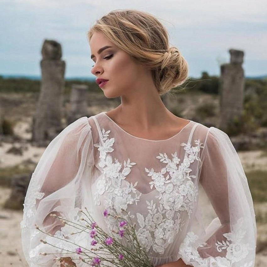 Puff-Sleeve Embroidered Wedding Dress - Luzilly Bridal & Apparel