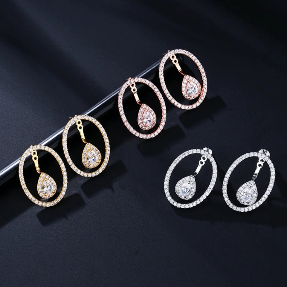 Round Cutout Design Zircon Water Drop Earrings for Women Elegant Bridal Earing Fashion Geometric Wedding Jewelry - Luzilly Bridal & Apparel