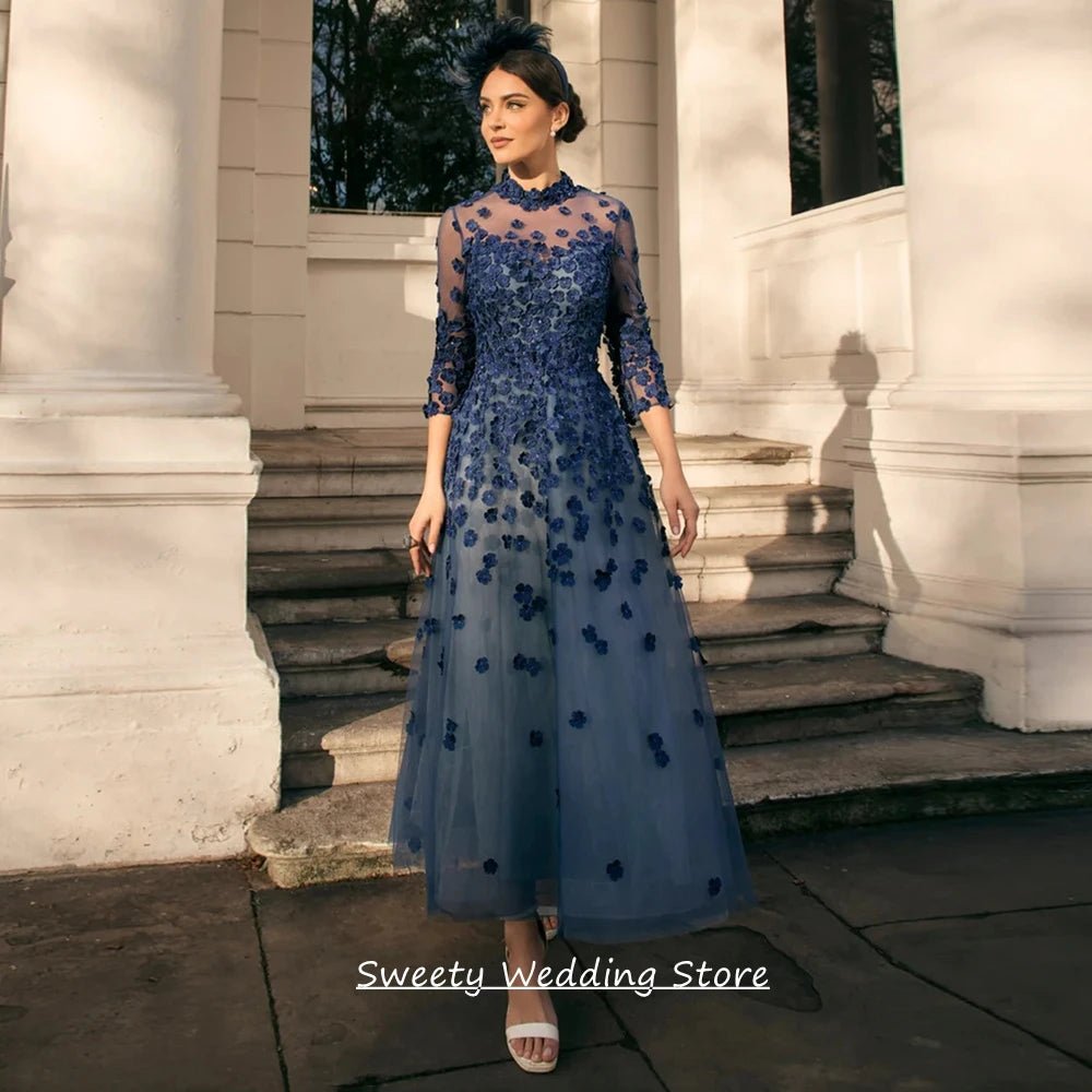 Round-Neck 3/4-Sleeve Floral A-Line Mother of the Bride Dress - Luzilly Bridal & Apparel