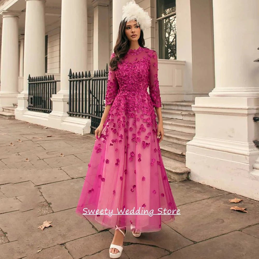 Round-Neck 3/4-Sleeve Floral A-Line Mother of the Bride Dress - Luzilly Bridal & Apparel