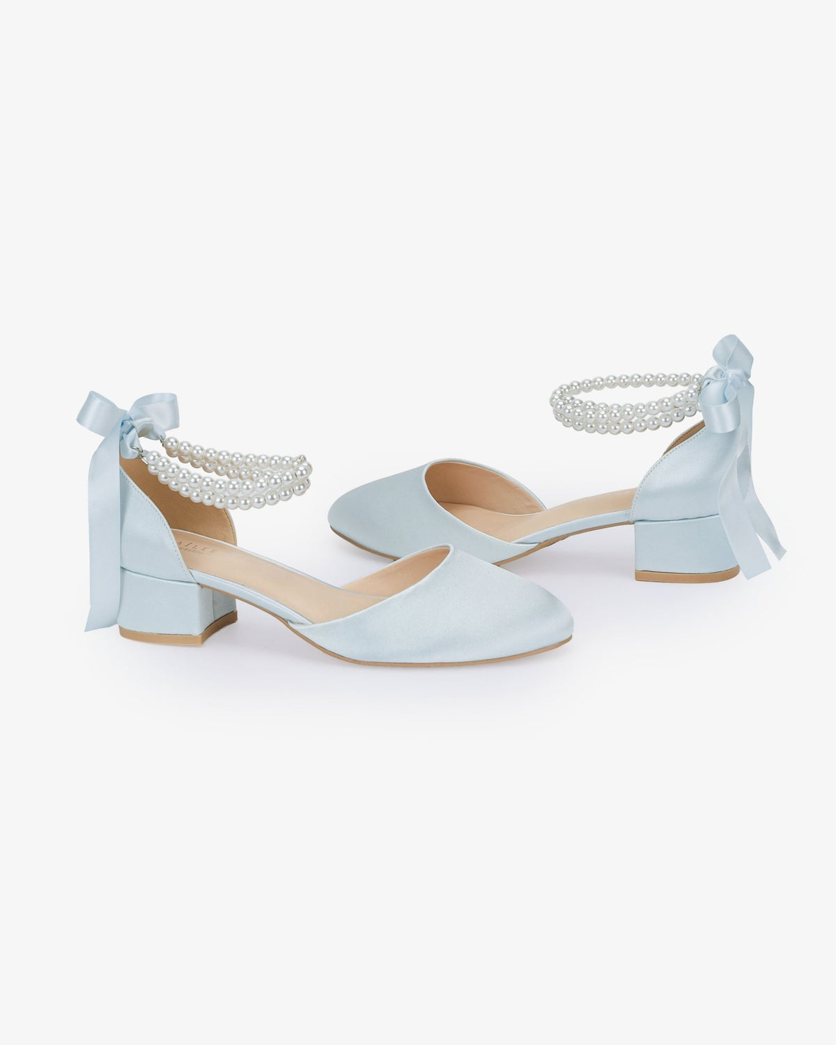 Round Toe Satin Low Block Heel with Double Pearls Ankle Strap - Luzilly Bridal & Apparel