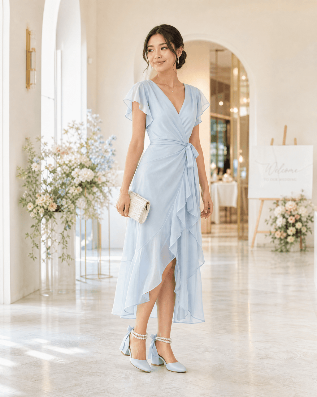 Round Toe Satin Low Block Heel with Double Pearls Ankle Strap - Luzilly Bridal & Apparel