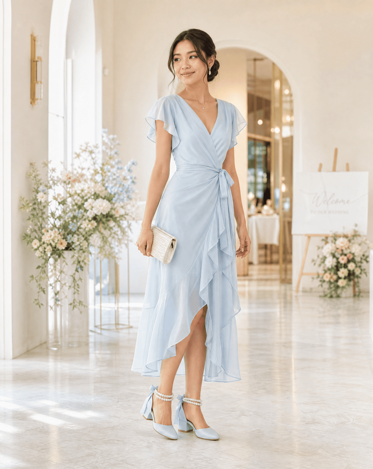 Round Toe Satin Low Block Heel with Double Pearls Ankle Strap - Luzilly Bridal & Apparel