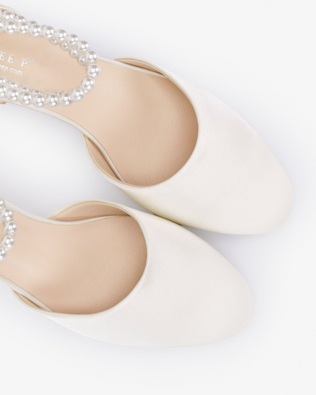 Round Toe Satin Low Block Heel with Double Pearls Ankle Strap - Luzilly Bridal & Apparel
