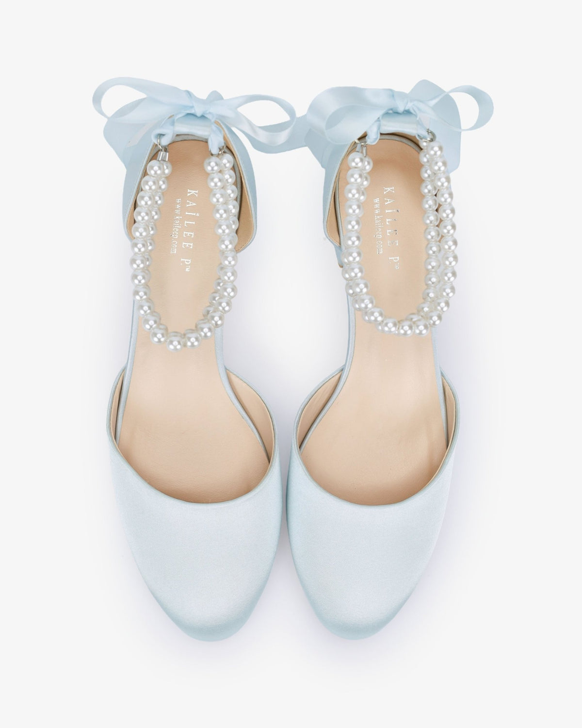 Round Toe Satin Low Block Heel with Double Pearls Ankle Strap - Luzilly Bridal & Apparel