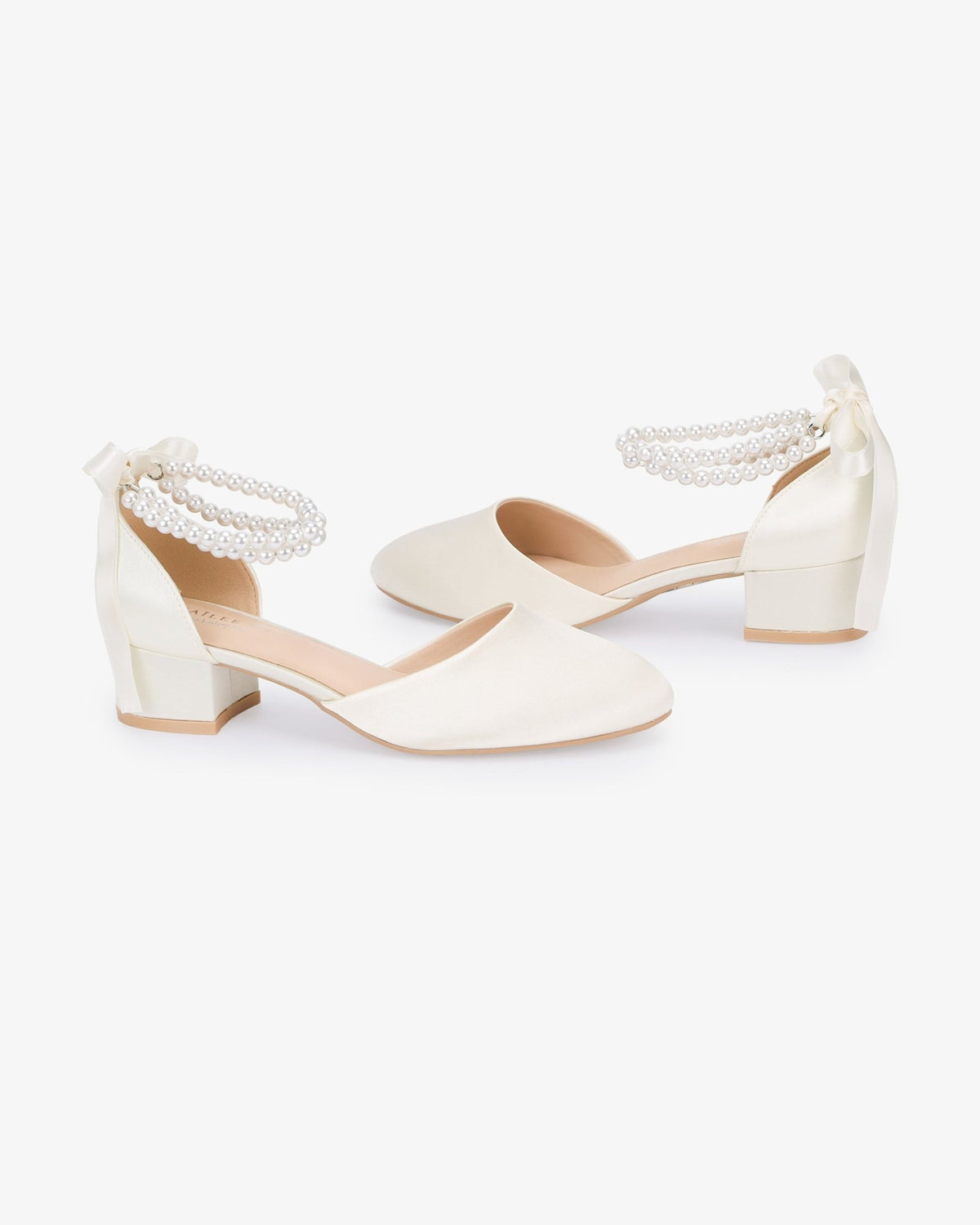 Round Toe Satin Low Block Heel with Double Pearls Ankle Strap - Luzilly Bridal & Apparel