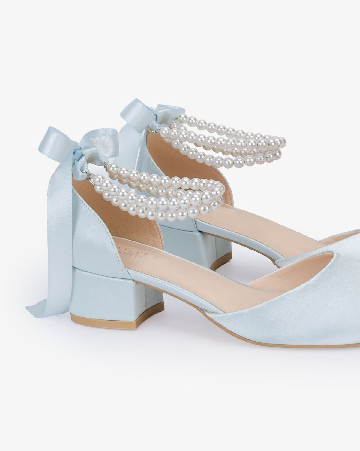Round Toe Satin Low Block Heel with Double Pearls Ankle Strap - Luzilly Bridal & Apparel