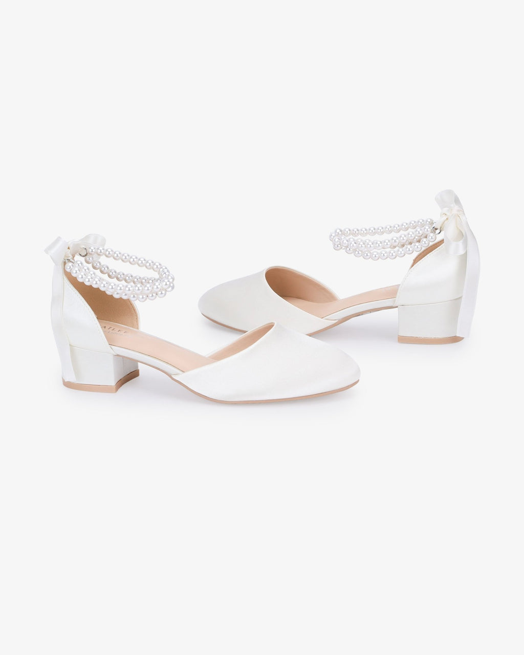 Round Toe Satin Low Block Heel with Double Pearls Ankle Strap - Luzilly Bridal & Apparel