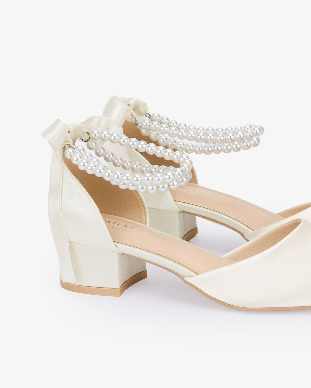 Round Toe Satin Low Block Heel with Double Pearls Ankle Strap - Luzilly Bridal & Apparel