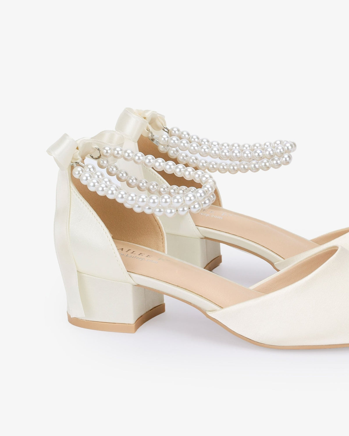 Round Toe Satin Low Block Heel with Double Pearls Ankle Strap - Luzilly Bridal & Apparel