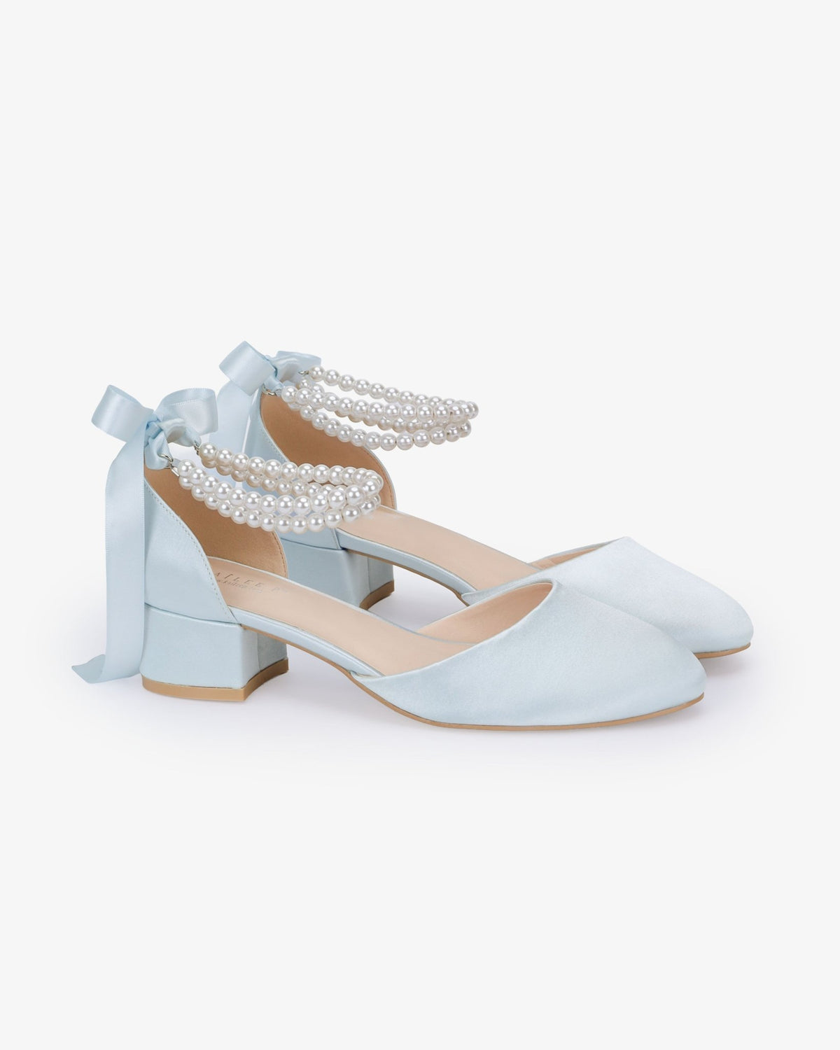 Round Toe Satin Low Block Heel with Double Pearls Ankle Strap - Luzilly Bridal & Apparel