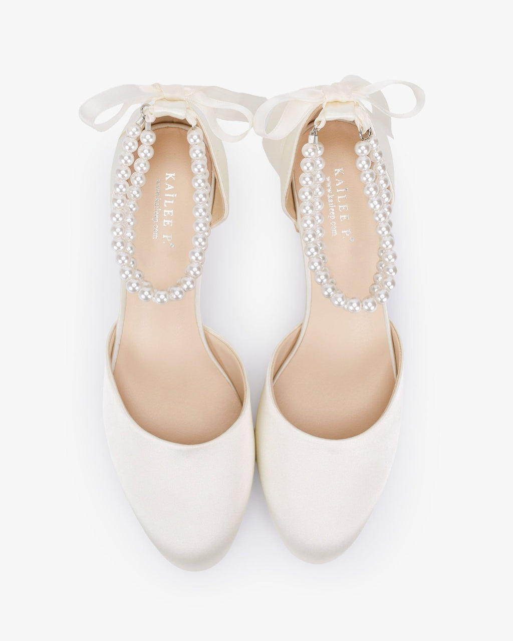 Round Toe Satin Low Block Heel with Double Pearls Ankle Strap - Luzilly Bridal & Apparel