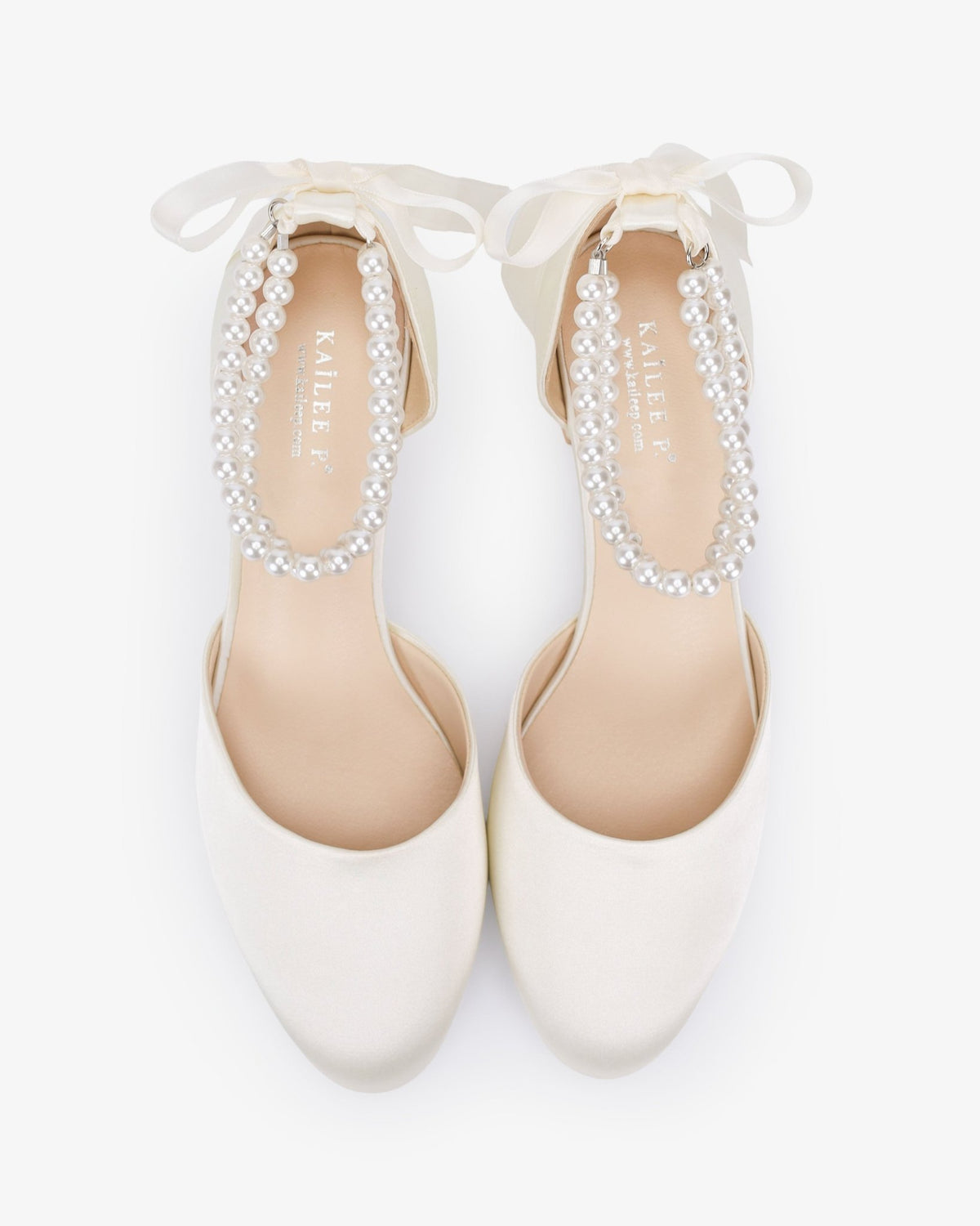Round Toe Satin Low Block Heel with Double Pearls Ankle Strap - Luzilly Bridal & Apparel