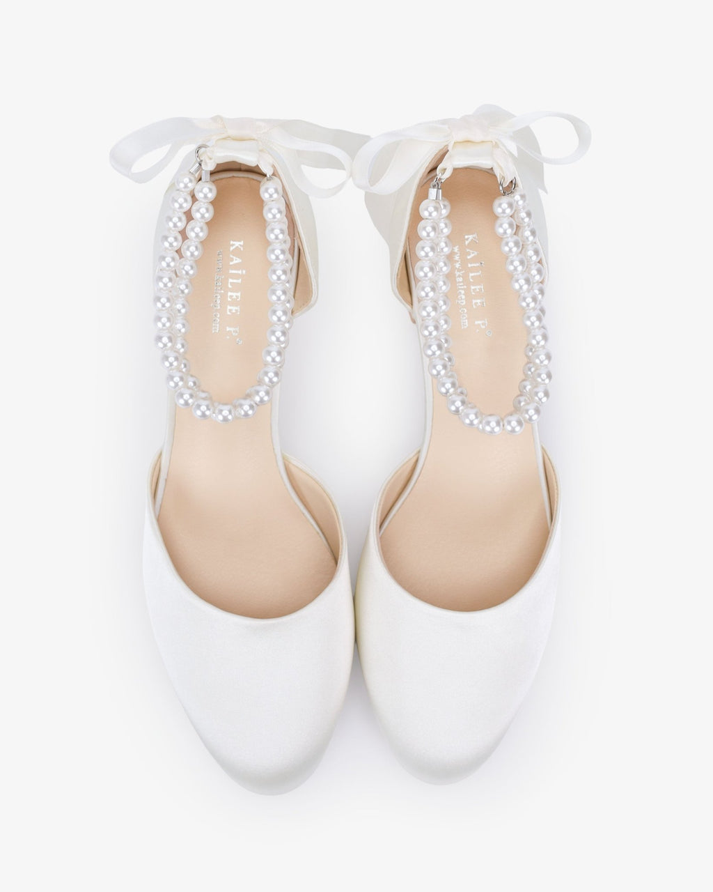 Round Toe Satin Low Block Heel with Double Pearls Ankle Strap - Luzilly Bridal & Apparel