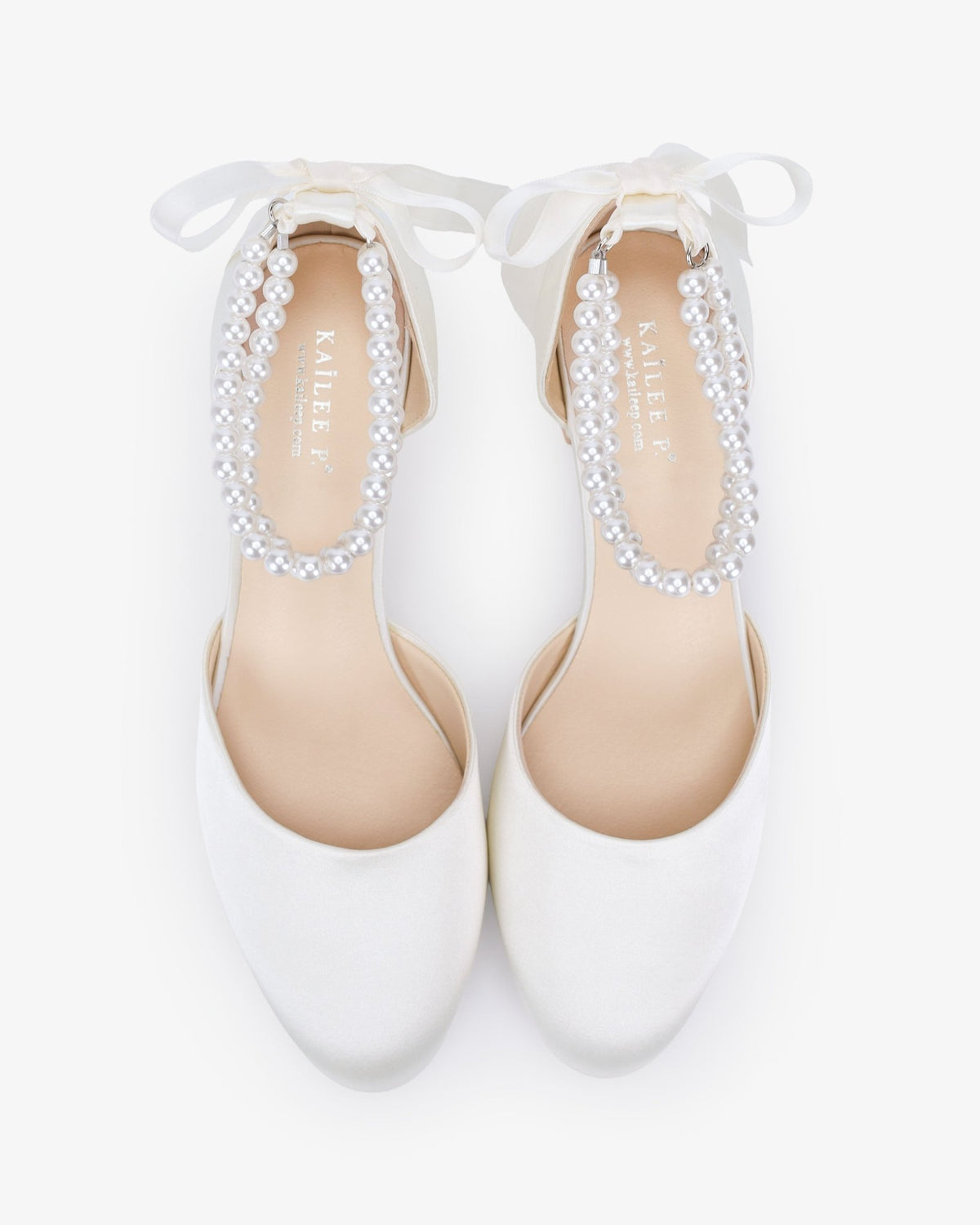 Round Toe Satin Low Block Heel with Double Pearls Ankle Strap - Luzilly Bridal & Apparel