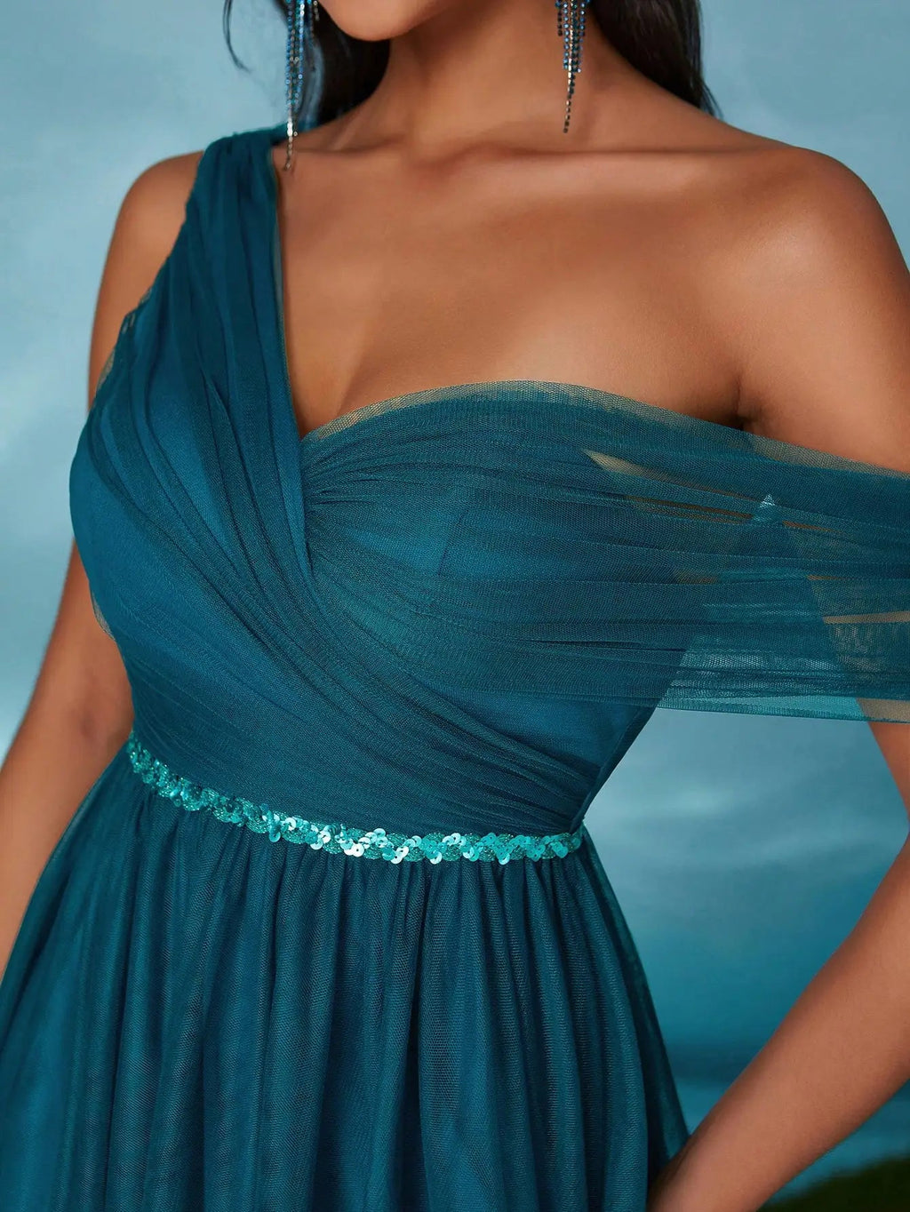 Royal Blue One Shoulder Sequin Sash Bridesmaid Dress - Luzilly Bridal & Apparel