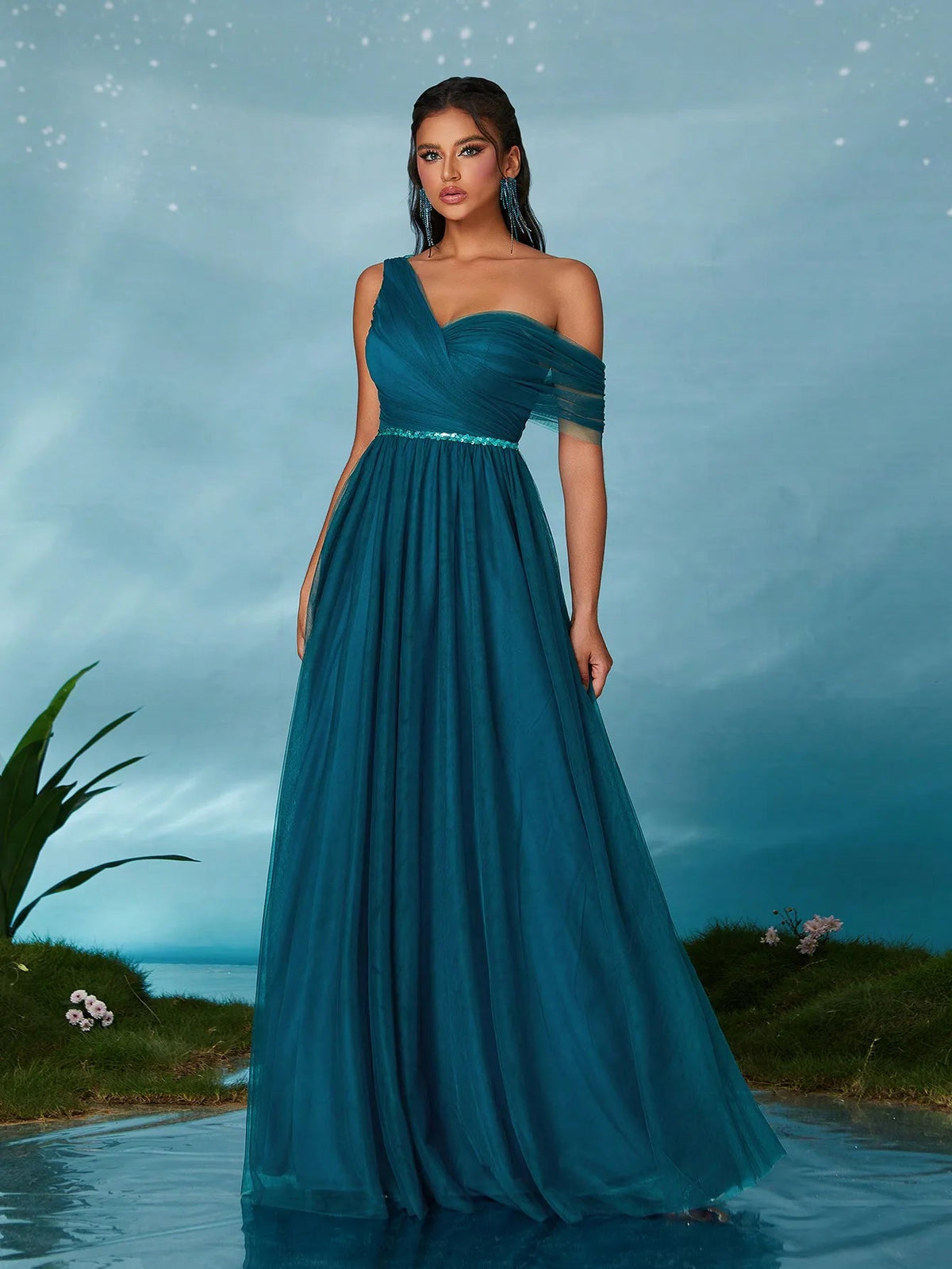 Royal Blue One Shoulder Sequin Sash Bridesmaid Dress - Luzilly Bridal & Apparel