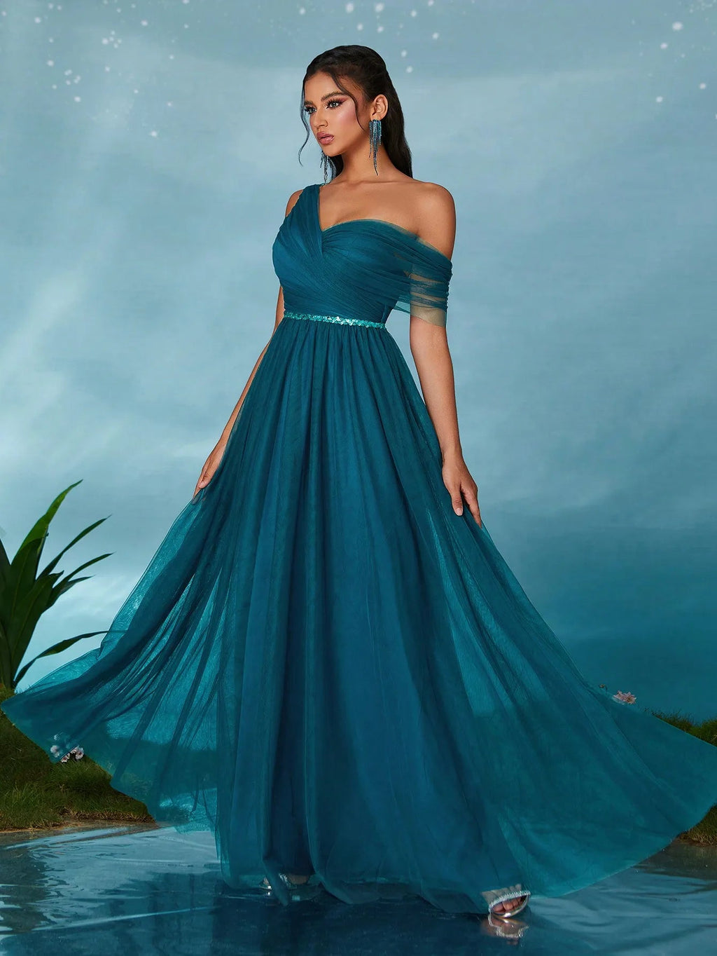 Royal Blue One Shoulder Sequin Sash Bridesmaid Dress - Luzilly Bridal & Apparel