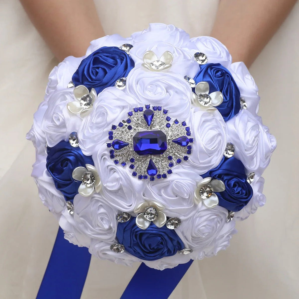 Royal Blue & White Satin Rose Quinceañera Bouquet - Luzilly Bridal & Apparel