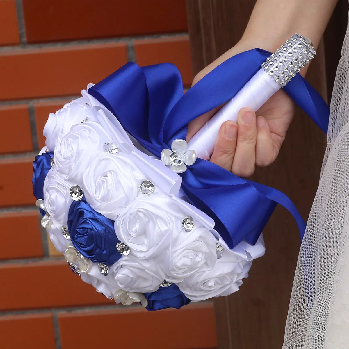 Royal Blue & White Satin Rose Quinceañera Bouquet - Luzilly Bridal & Apparel