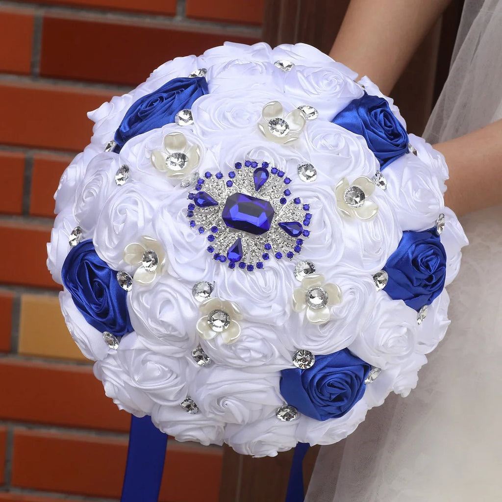 Royal Blue & White Satin Rose Quinceañera Bouquet - Luzilly Bridal & Apparel