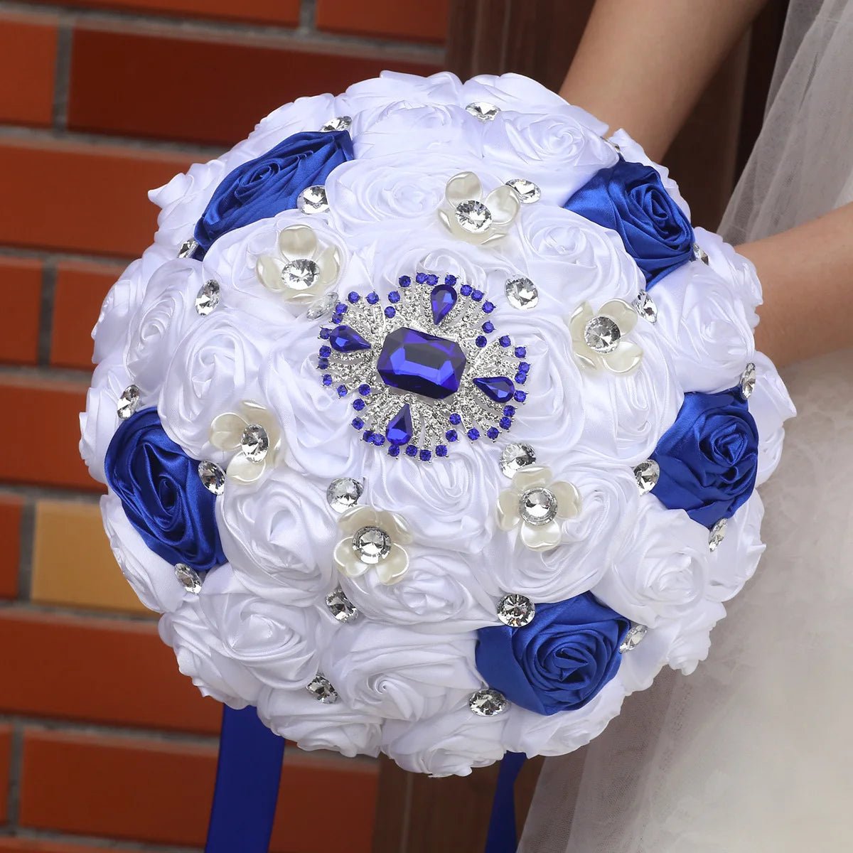 Royal Blue & White Satin Rose Quinceañera Bouquet - Luzilly Bridal & Apparel