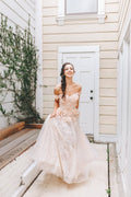 Rubi - 3D Apricot pink floral lace off-the-shoulder A-line tulle prom dress colored wedding dress - Luzilly Bridal & Apparel