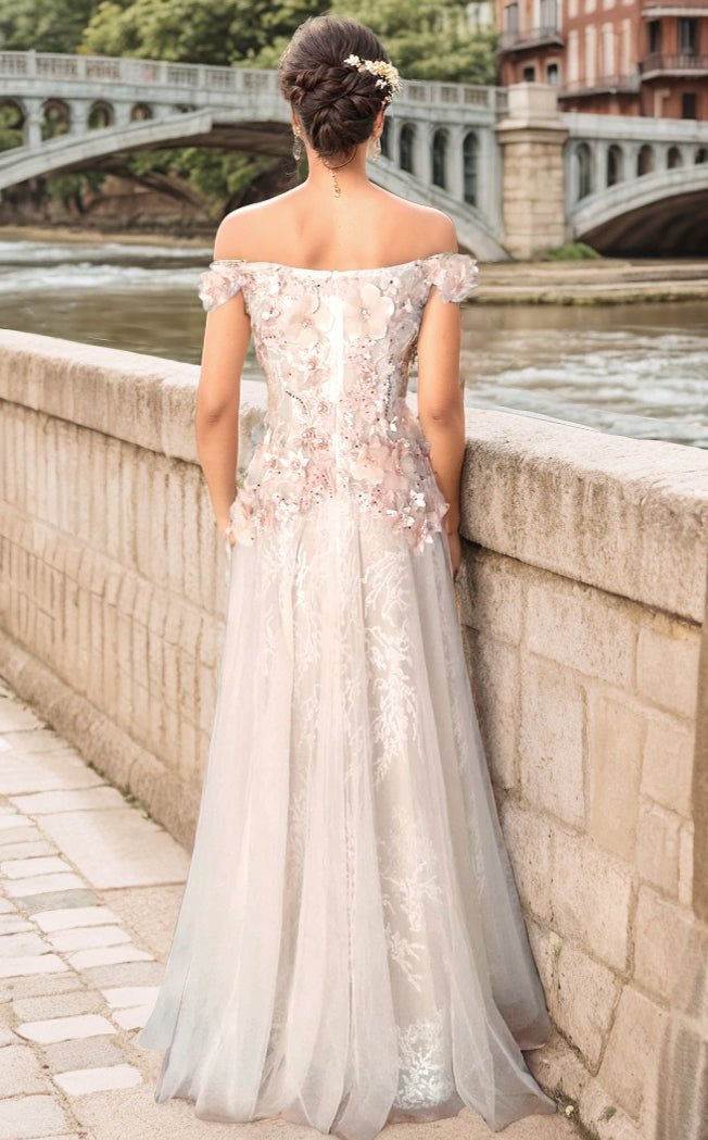 Rubi - 3D Apricot pink floral lace off-the-shoulder A-line tulle prom dress colored wedding dress - Luzilly Bridal & Apparel