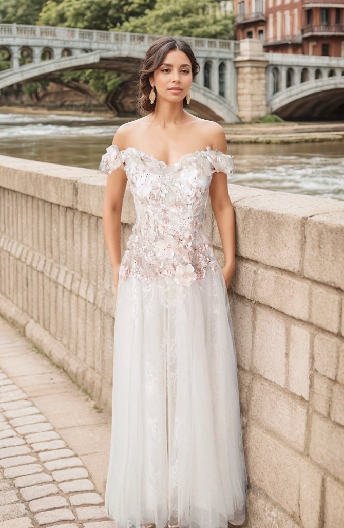 Rubi - 3D Apricot pink floral lace off-the-shoulder A-line tulle prom dress colored wedding dress - Luzilly Bridal & Apparel