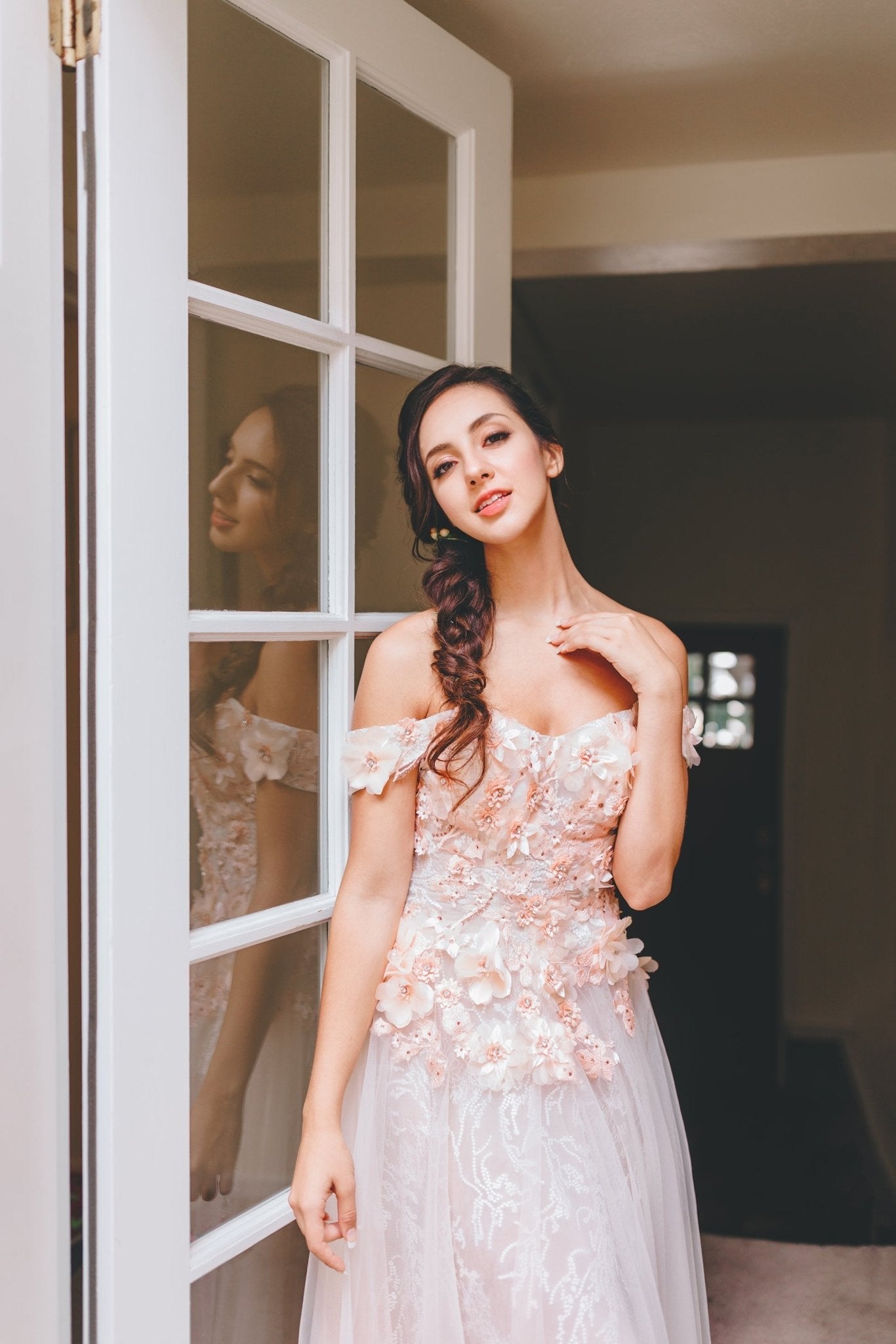 Rubi - 3D Apricot pink floral lace off-the-shoulder A-line tulle prom dress colored wedding dress - Luzilly Bridal & Apparel