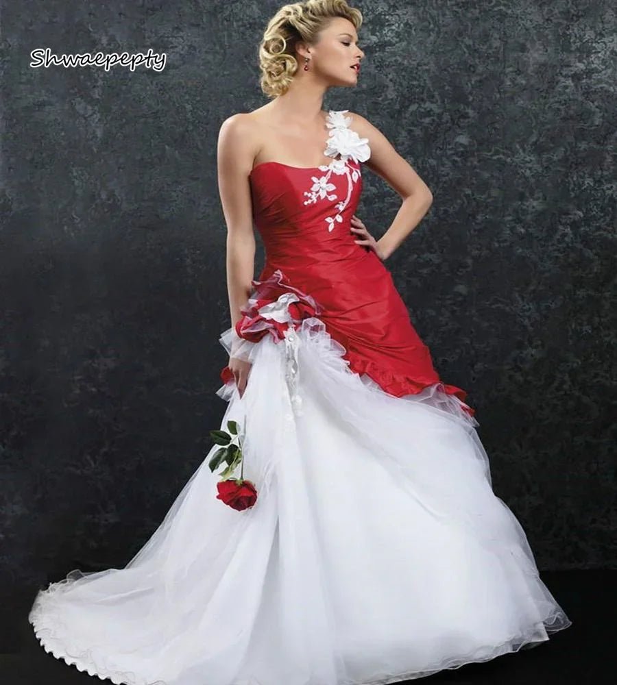 Ruched White And Red Wedding Dress 2024 One Shoulder A Line Corset Bridal Gowns 3D Floral Applique Vintage Customized Vestido - Luzilly Bridal & Apparel