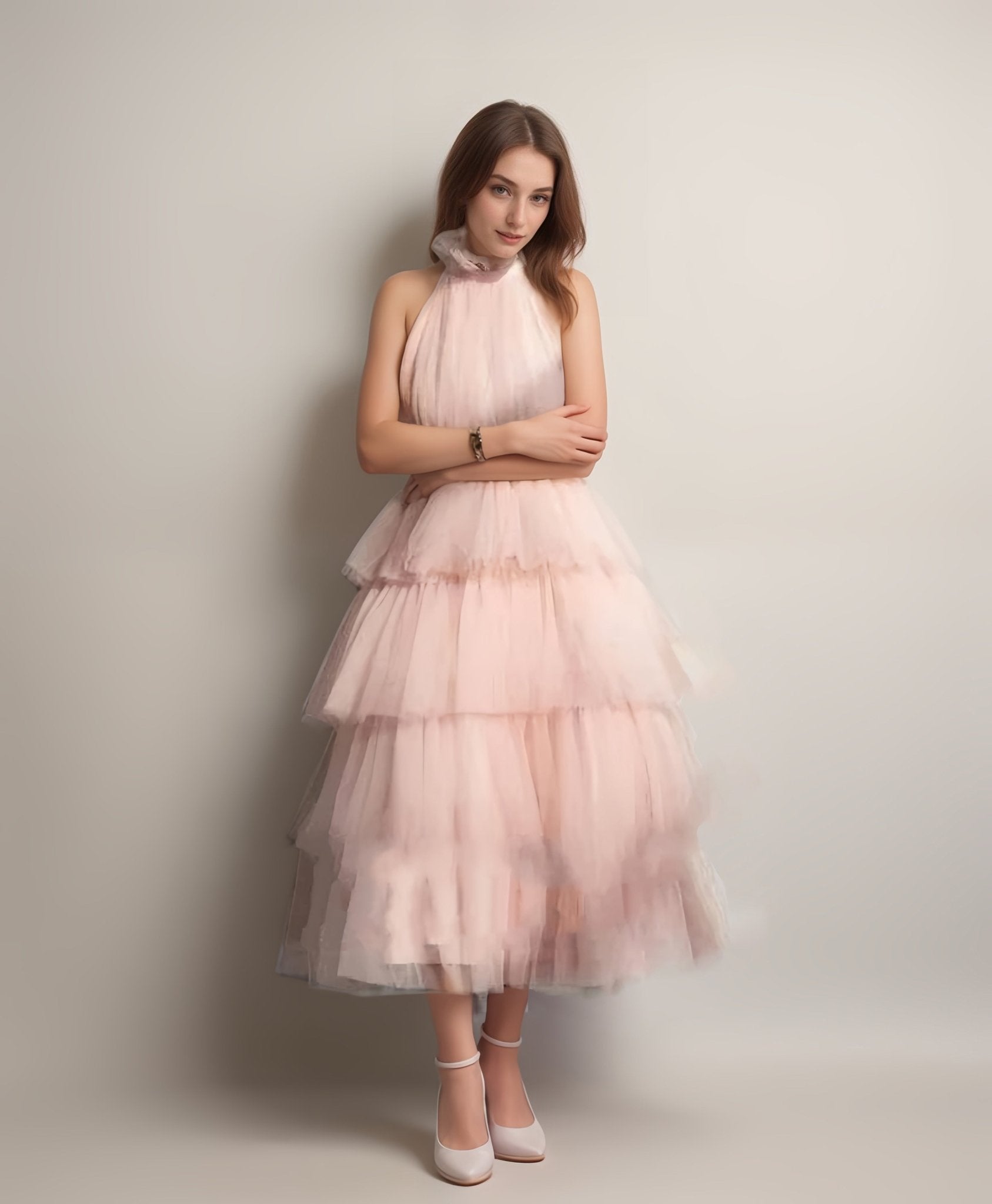 Ruffle Layered tulle Hem Haltered A-line tutu French style long prom dress - Luzilly Bridal & Apparel