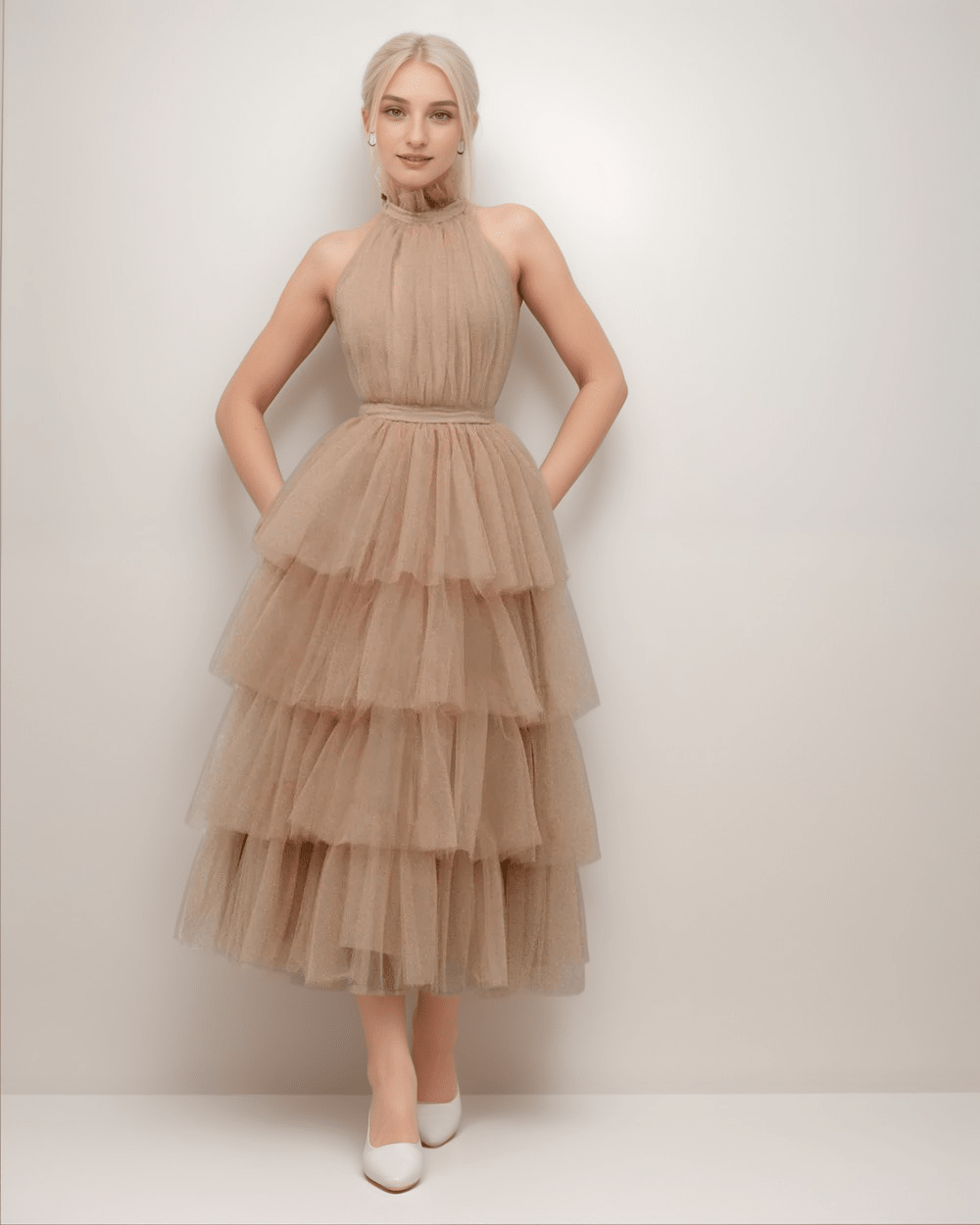 Ruffle Layered tulle Hem Haltered A-line tutu French style long prom dress - Luzilly Bridal & Apparel