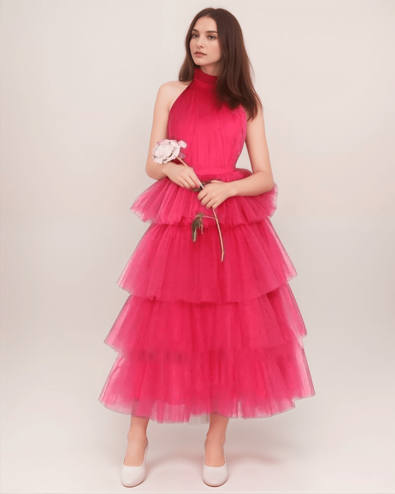 Ruffle Layered tulle Hem Haltered A-line tutu French style long prom dress - Luzilly Bridal & Apparel
