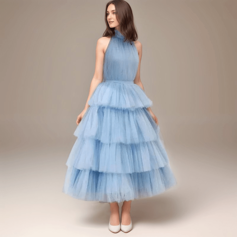 Ruffle Layered tulle Hem Haltered A-line tutu French style long prom dress - Luzilly Bridal & Apparel